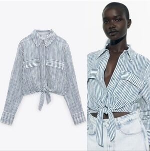 Zara Women's Striped Button Front Tie Long Sleeve Top Size XS